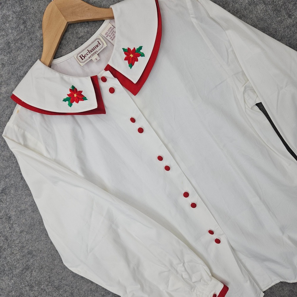 Bechamel Petites Size 6 Blouse Womens White Poinsettia Embroidered Vintage SPOTS